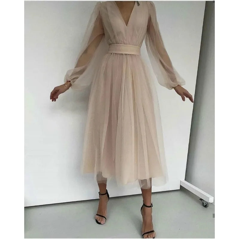 Elegant Women Mesh Fairy Party Dress Sexy Fashion Long Sleeve V Neck Corset Slim Fit Graduation Guest Evening Dress Robe
