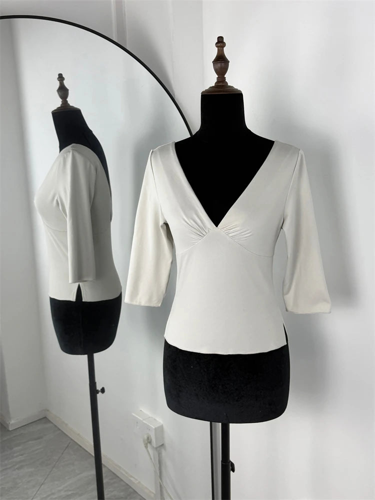 Summer V-Neck Sexy T-Shirts Top Women Solid Patchwork Casual Solid Slim Commute Y2k Top Pullover Female Backless Tee Top 2026