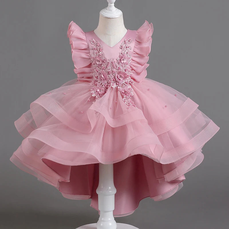 8311 Girls' Dress Summer Small Flying Sleeves Trailing Mesh Ponchy Princess Sweet Bean Sand Long