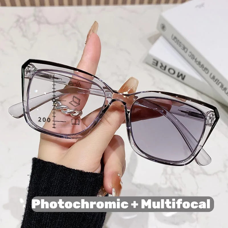 Transparent Frame Photochromic Multifocal Reading Glasses for Women Men Fashion Progressive Anti Blue Light Presbyopia Glasses