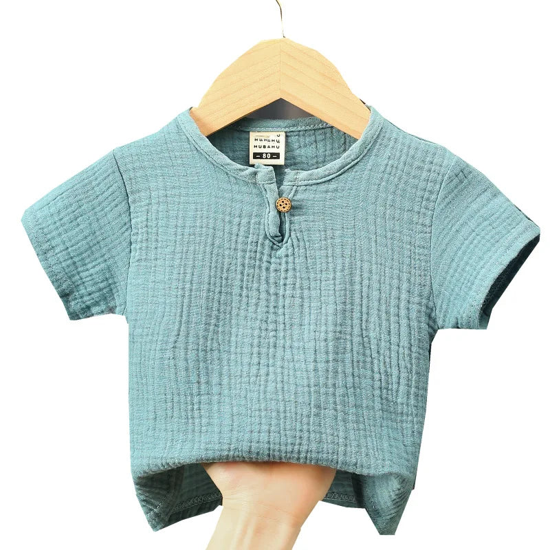 children t shirts fashion linen pleated boys t shirt children t-shirt 2025 summer baby boys girls t-shirt children clothes kids