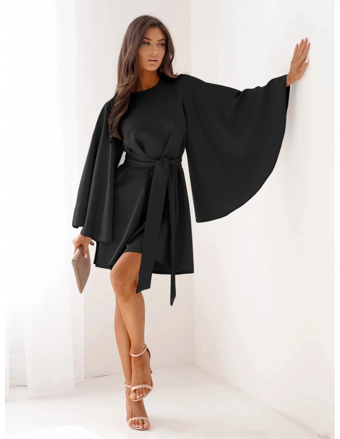 Women's Mini Dress Empire Waist Dresses Elegant Flare Cuff Sleeve Daily Fall Dress Regular Fit Pure Color Long Sleeve Crew Neck