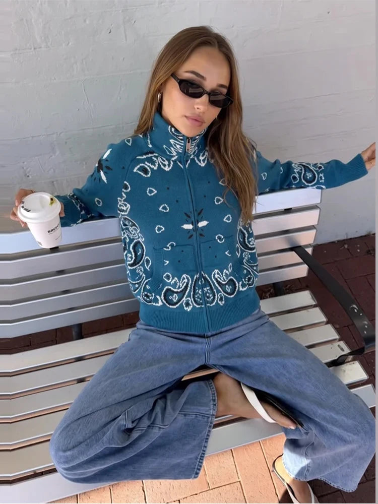 Street Printed Women's Cardigan Knitted Full Sleeve Zippers Stand Collar Pocket Lady Coats 2026 Autumn Chic Female Streetwear