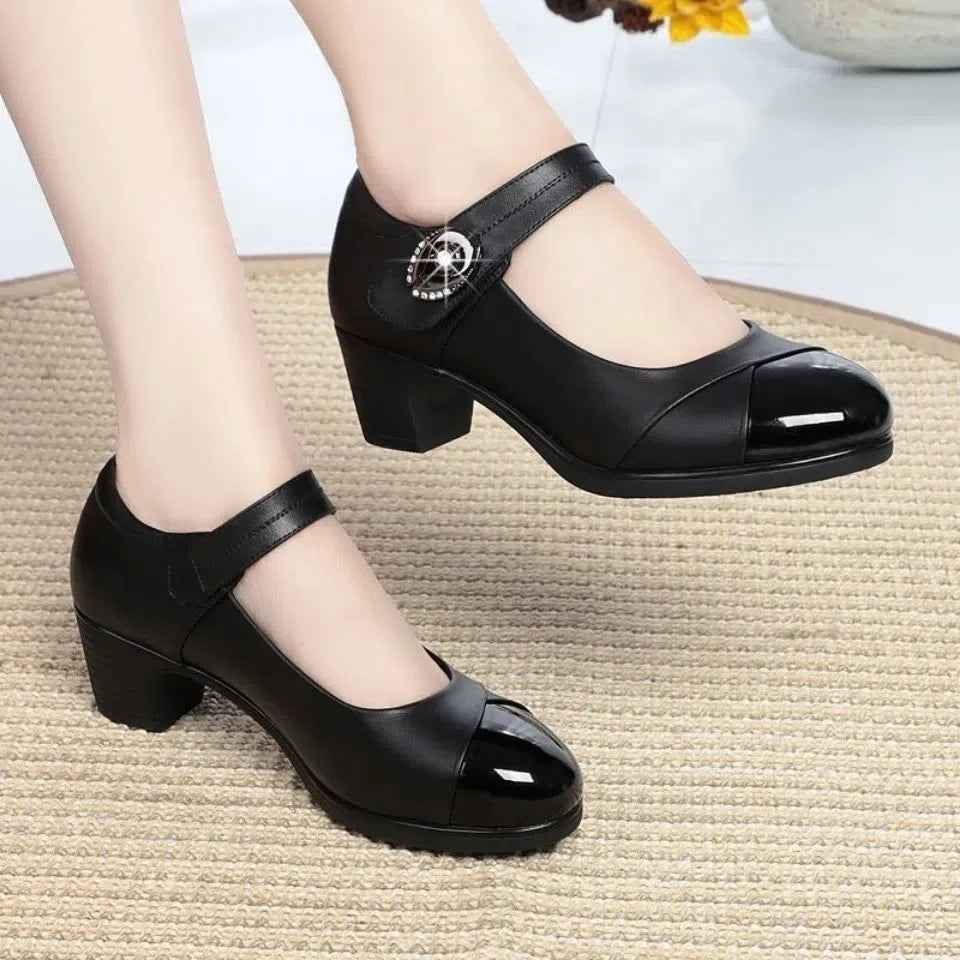 Women Fashion Black Pu Leather Office Square Heel Pumps Lady Casual Sweet Light Weight Comfort Spring Summer Heel Shoes H1173