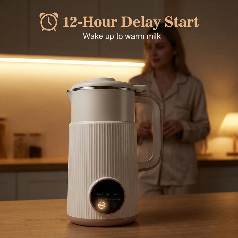 Multifunctional Automatic Soy Milk Maker 0.8L Self Cleaning Nut Milk Blender 12H Timer Delay Start Stainless Steel Inner Jug Mini Fruit Juice Soup Maker
