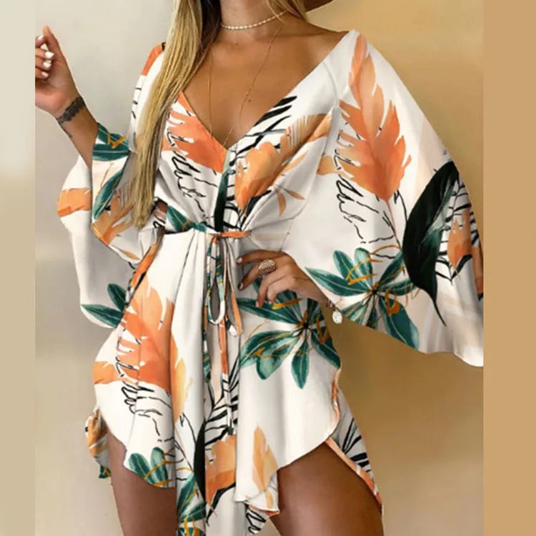 Sexy V Neck Long Batwing Sleeve Floral Print Loose Asymmetrical Dress Summer Women Irregular Leaf Print Party Boho Dresses