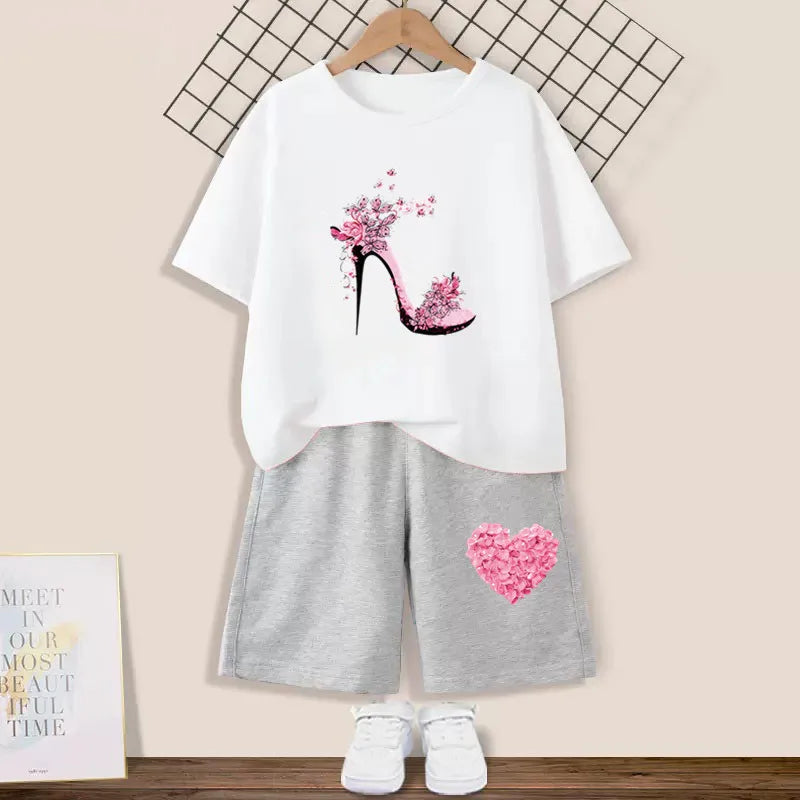 2024 Summer Girls Cotton Clothing Sets Kids Cute Cartoon Butterfly High Heel T-shirt +Shorts 2Pce Suits Childrens Tracksuits
