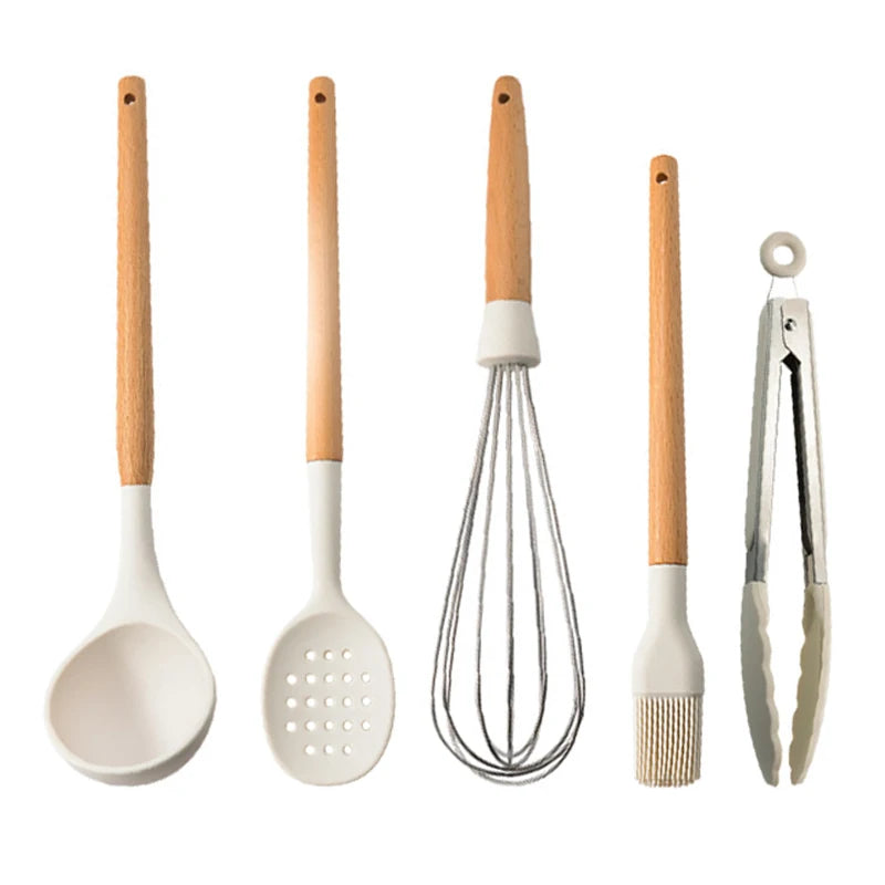 White Silicone Wooden Handle Soup Spoon Spatula Brush Scraper Pasta Egg Beater Non-stick Kitchen Cooking Tools Kitchenware