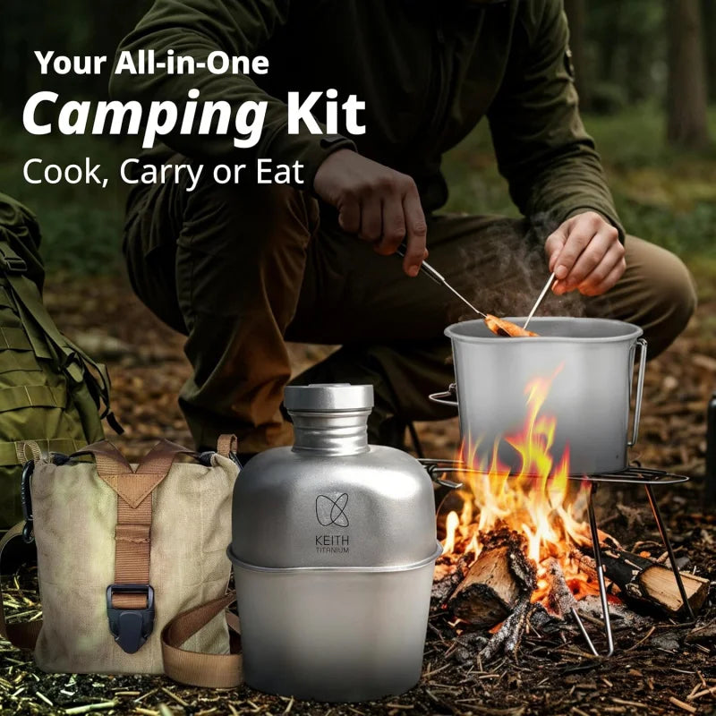 Professional Military Titanium Water Bottle 1100ml with Pot 700ml - Keith Pure Ti Canteen Kit for Outdoor Camping Hunting Emerge