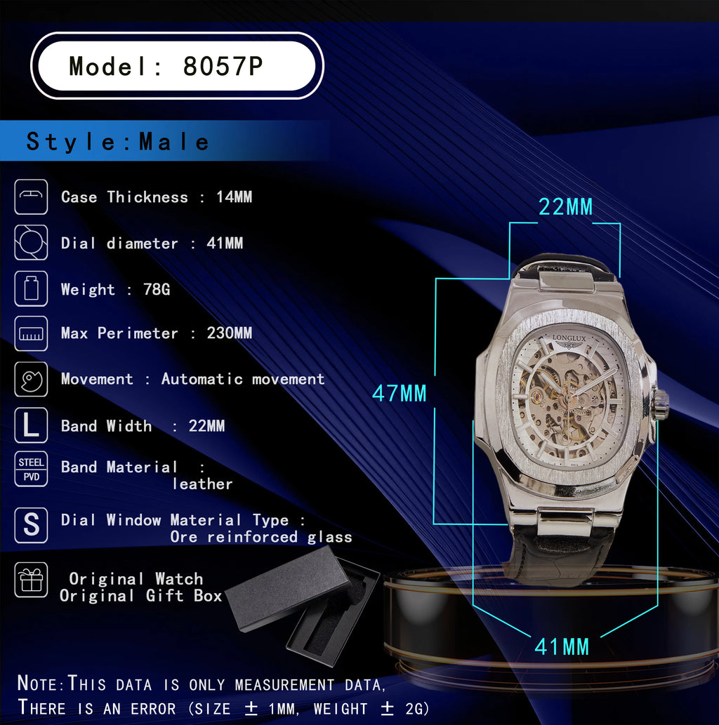 LONGLUX Automatic Mechanical Watch Outdoors Simple Luxury Watches Waterproof Cheap Wholesale Skeleton Leather Mens Watch Gift