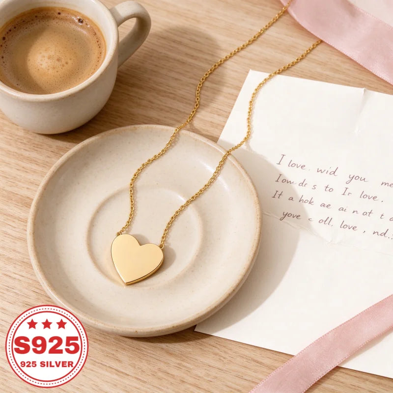 Solid Heart Pendant Necklace, 18K Plated S925 Sterling Silver, Dainty Rolo Chain, Women Minimalist Jewelry, Daily Wear, Anniversary Birthday Holiday Gift, Buy Three Get One Free