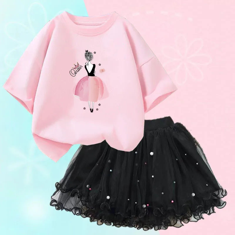Fashion Summer Girls Outfits Pretty Ballet Dance Girl T-shirt and Tutu Skirt Set for Princess Clothes Suit Children Clothing