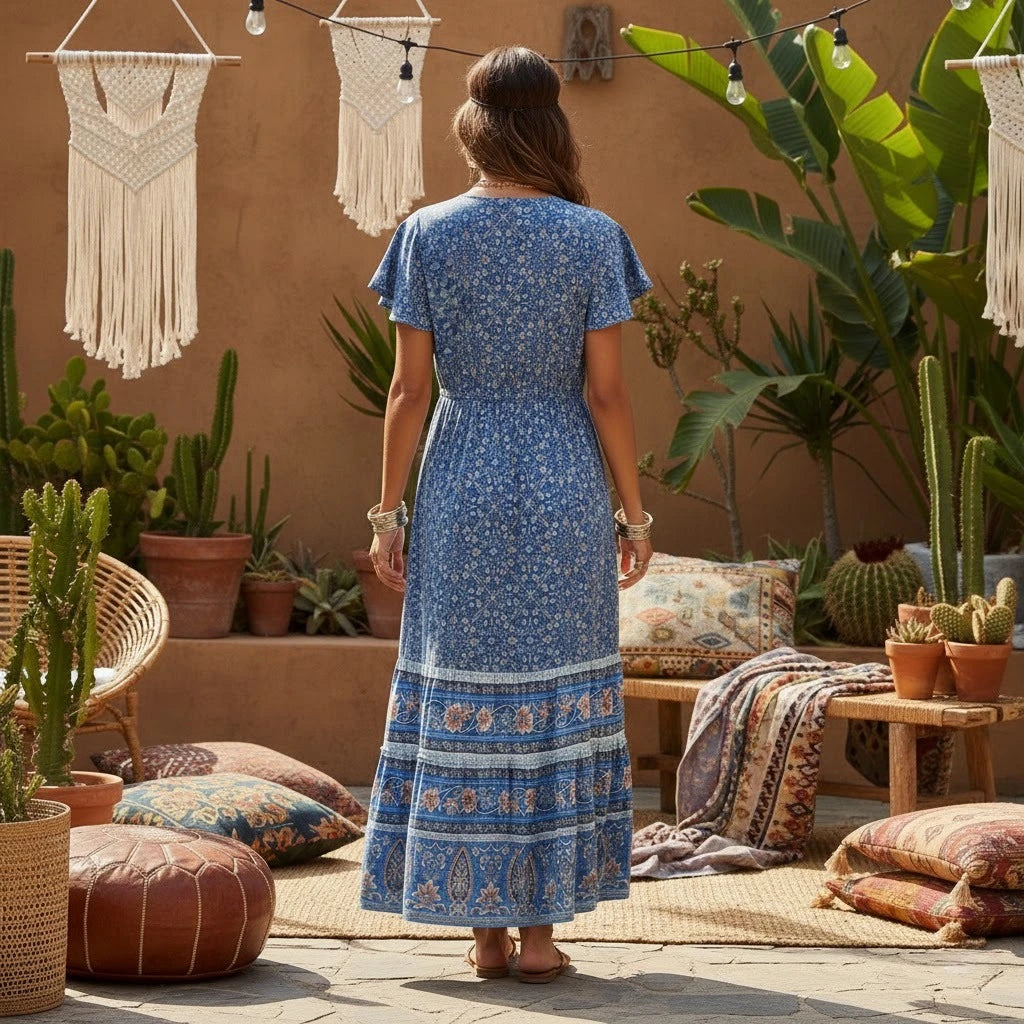 Happie Queens Women Floral Print  Beach Bohemian Rayon Maxi Dresses Ladies Deep V Neck Button Boho Pleated Dress Vestidos
