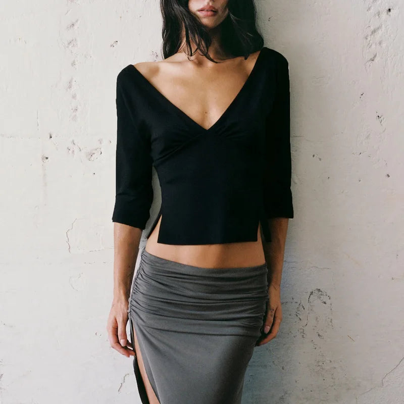 Summer V-Neck Sexy T-Shirts Top Women Solid Patchwork Casual Solid Slim Commute Y2k Top Pullover Female Backless Tee Top 2026