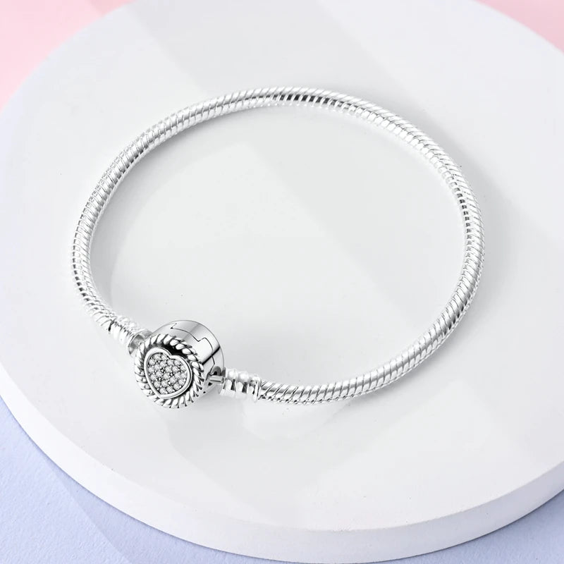 S925 Silver Plated Snake Bone Pattern and Inlaid Heart-Shaped Bracelet For Women Fit DIY Charms Beads Fine DIY Birthday Jewelry