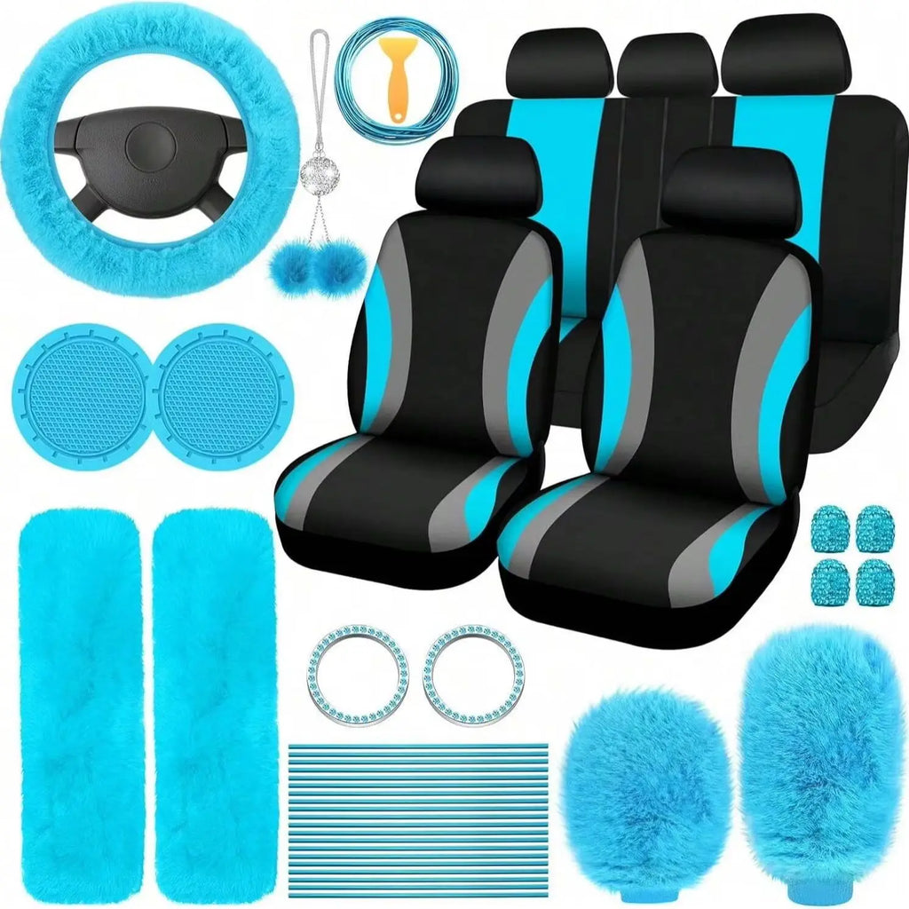 35-Piece Luxury Car Seat Cover Set - Soft Fluffy Steering Wheel Cover, Universal Safety Belt Protectors, Gear Shift Cover, Fashionable Interior Accessories For Women - Premium Polyester Fiber, Easy To Install, Stylish, And Pr