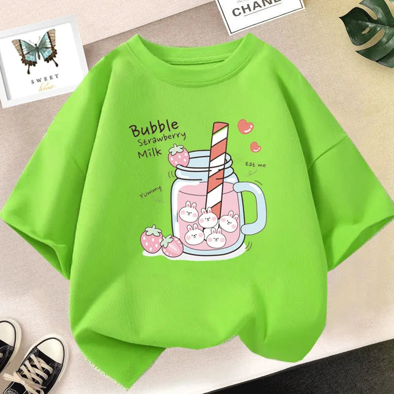 Strawberry Juice Graphic Print T-shirt Girls Aesthetic Pink Tops Tee 2023 Summer New Fashion Kids T Shirt