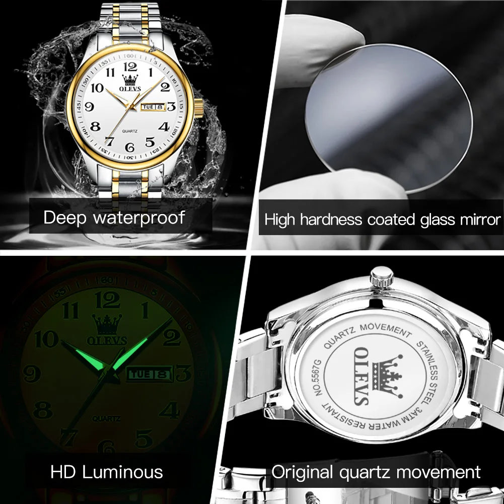 OLEVS 5567 Original Men's Watches Simple Classic Large Digital Dial Dual Calendar Waterproof Luminous Quartz Watch for Men Hot
