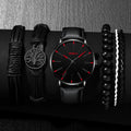 5pcs Black Quartz Watches Bracelet Men Business Casual Round Watch Life Tree PU Leather Bracelets Sets