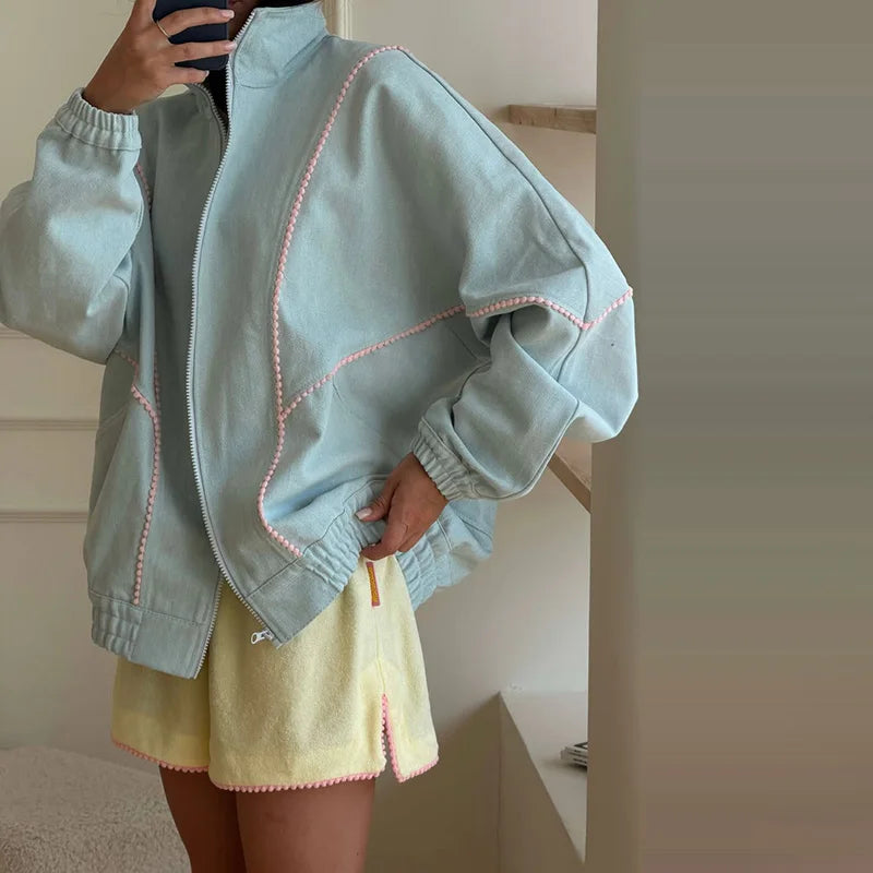 Zip Up Jacket Contrast White Zipper Long Sleeve Loose Cropped Bomber Coat 2026 winter Autumn Casual Streetwear Women  Outerwear