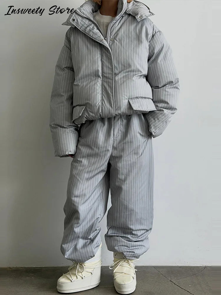 Chic Striped Hooded Puffer Coat Set Women Quilted Full Sleeve Zip Jacket Wide Leg Pants 2026 New Lady Autumn Winter Warm Outfit