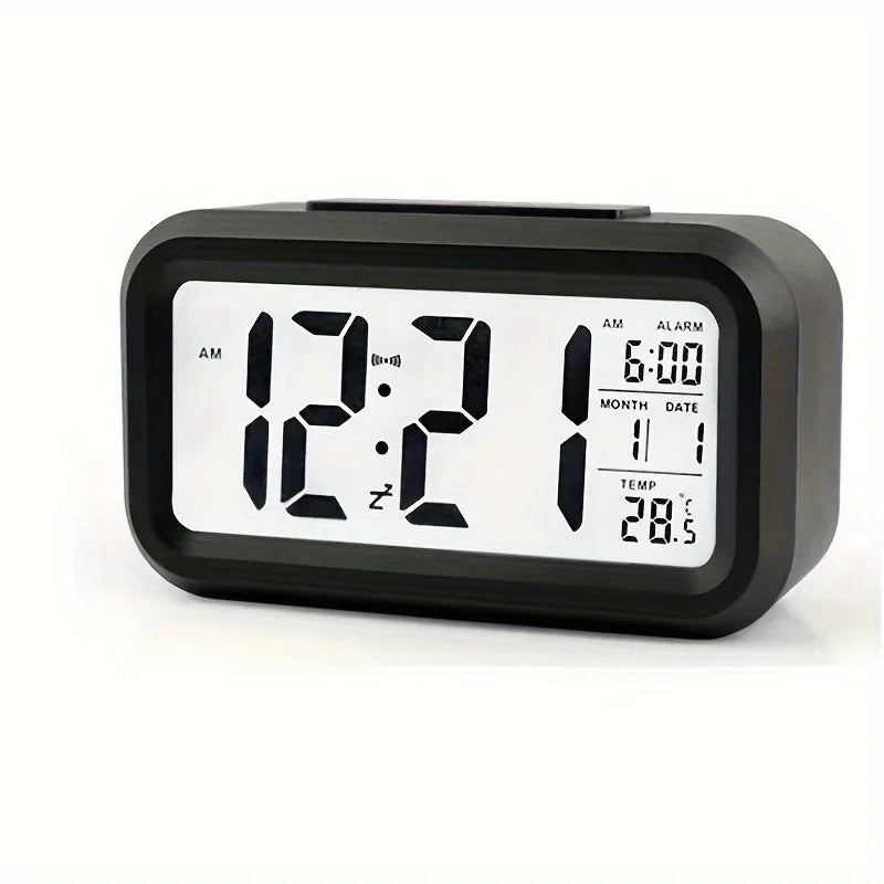 Smart Digital Alarm Clock with Intelligent Light Sensor Large LCD Screen Display Date Temperature Snooze Mode Silent Desktop Electronic Clock for Bedroom Bedside Kids Gift