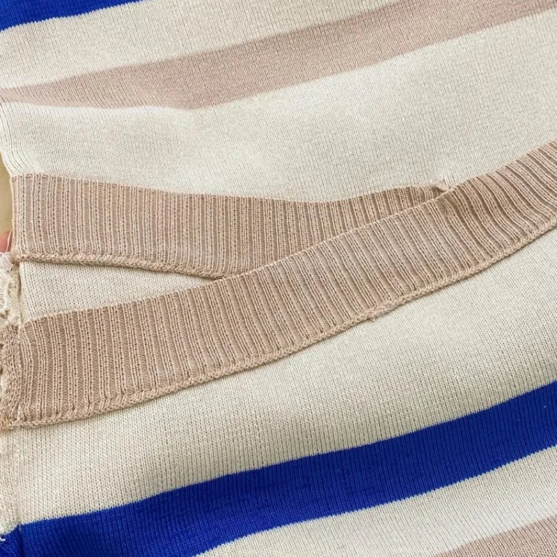 Women's Blue Striped Wide Strap Square Neck Sleeveless Stretchy Sundress Knit Bodycon Midi Dress Tassel ide Slit Summer Dress