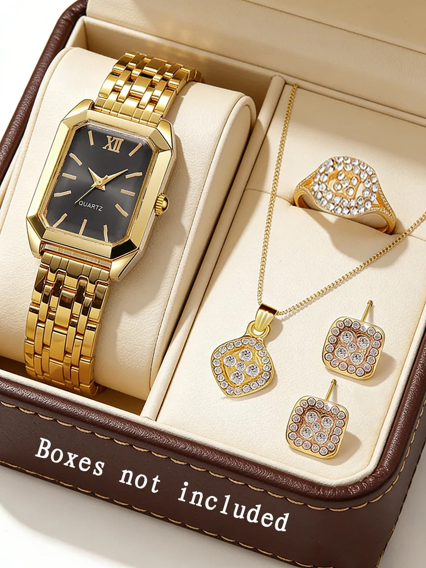 Casual Fashion Square Quartz Watch And Hollow Jewelry Set wi Steel Strap Birthday Gift No Box