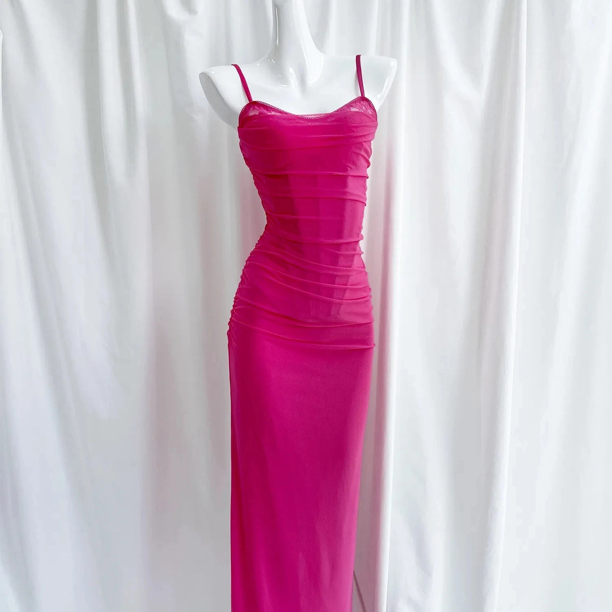 Suninheart Summer Mesh Maxi Dresses for Women 2023 Rose Spaghetti Strap Bodycon Dress Elegant Formal Occasion Dress Female