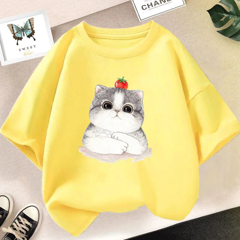 Girls Clothes 2024 Summer Fashion T-Shirt Fun And Cute Cat Kitten Print Short-Sleeved Tops Children Summer Clothes