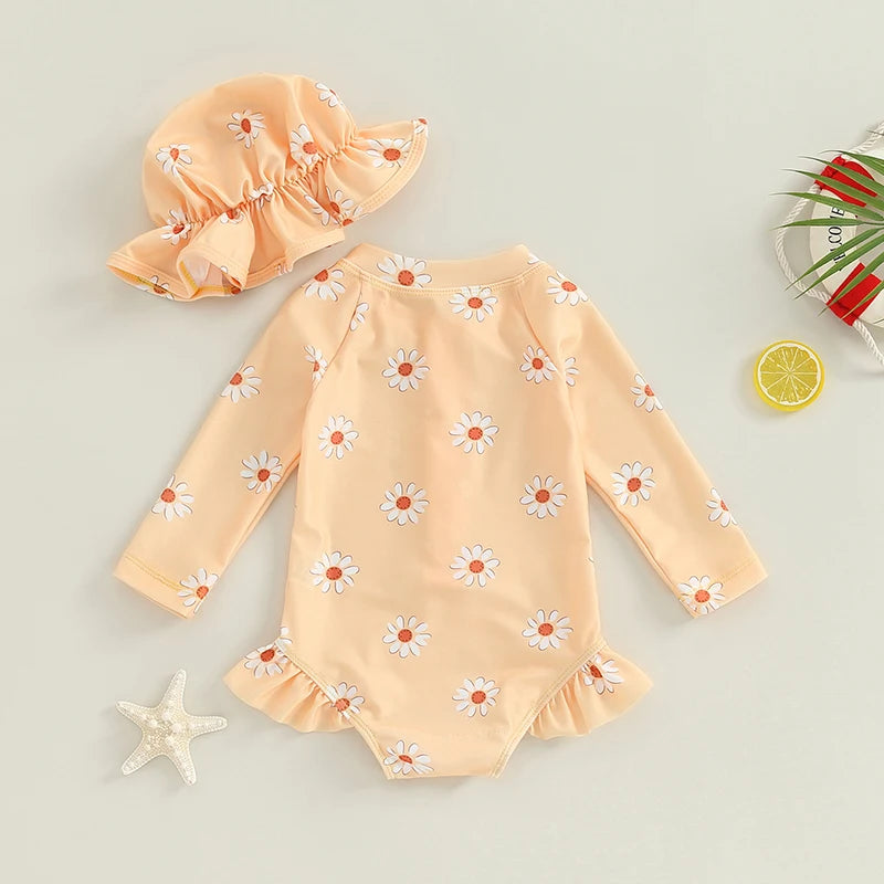 Infant Baby Girls Swimsuit with Hat Toddler Long Sleeve Flower Print Zipped Swimwear Bikini Children Swimwear Kids Bathing Suit