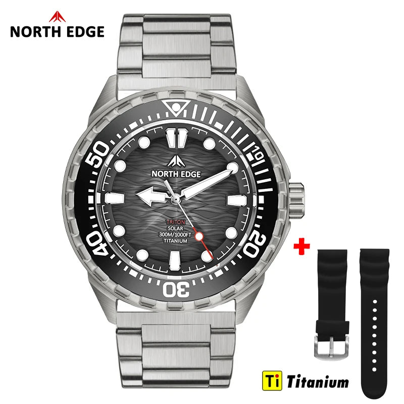 NORTH EDGE TRITON-TI Titanium Stainless Solar-Powered Diving Watch Luxury Quartz Watches For Men 300M Waterproof 180+ Day Power