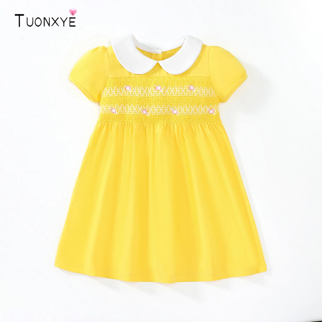 TUONXYE Summer Baby Girl Dress Cotton Button Smocked Floral Embroidery Short Sleeve Kids Princess Party Dresses