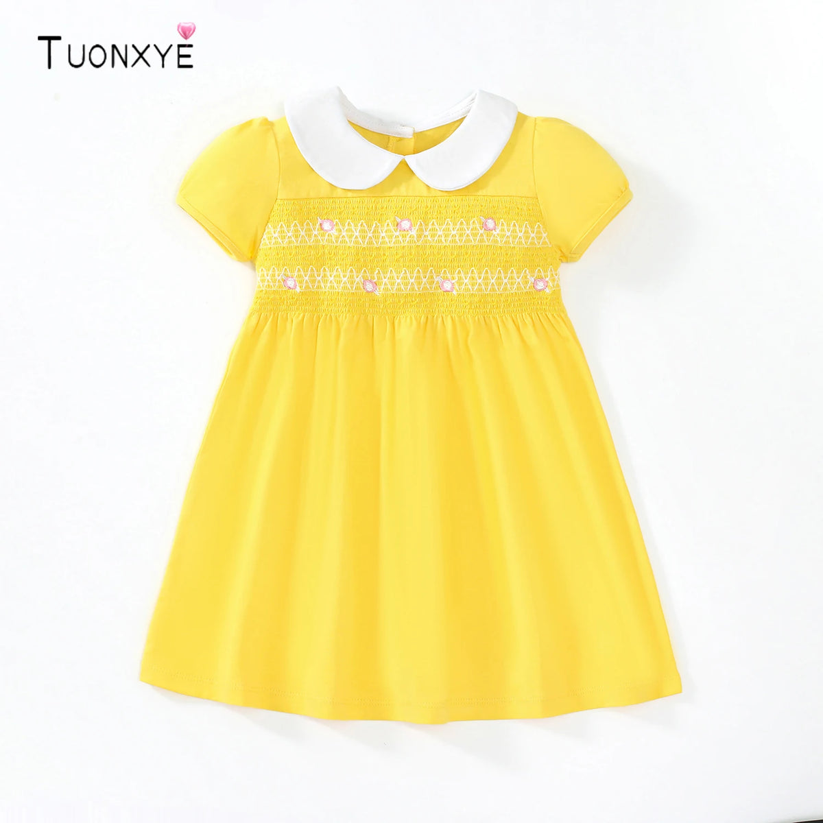 TUONXYE Summer Baby Girl Dress Cotton Button Smocked Floral Embroidery Short Sleeve Kids Princess Party Dresses