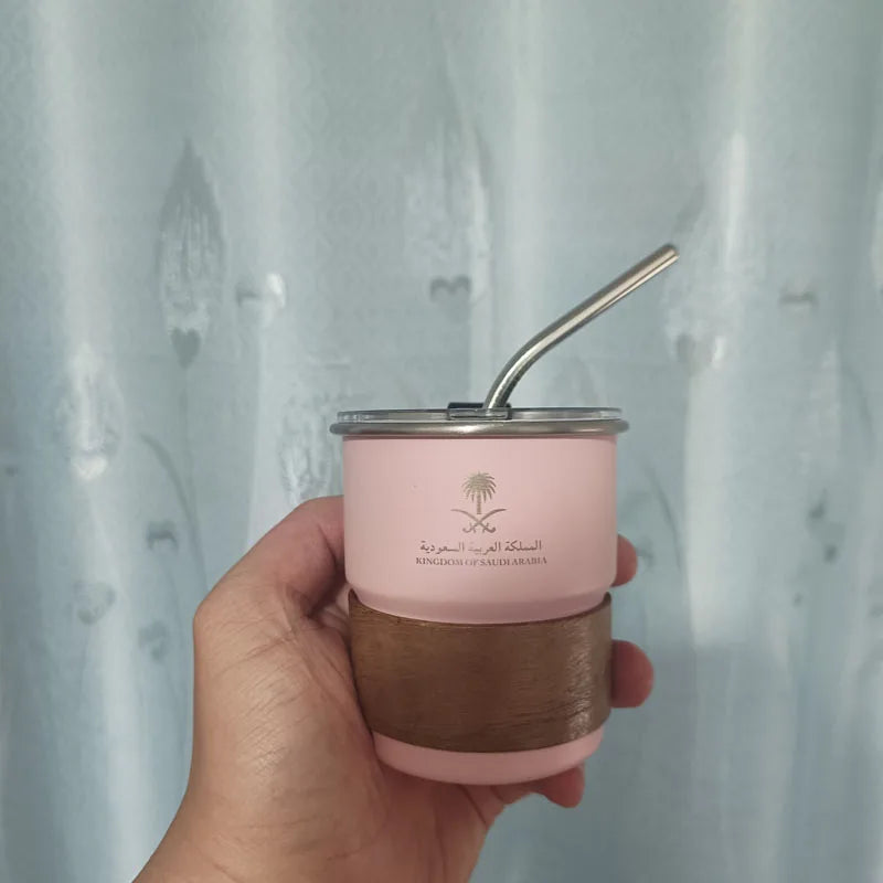 National Emblem of Saudi Arabia Logo Stainless Steel Cup Beer Mug with Lid wood 300ml Outdoor Camping Coffee Mug Includes straw