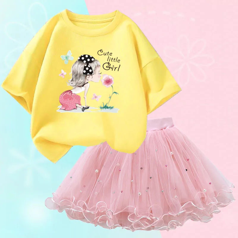 Fashion Summer Girls Outfits Pretty Ballet Dance Girl T-shirt and Tutu Skirt Set for Princess Clothes Suit Children Clothing