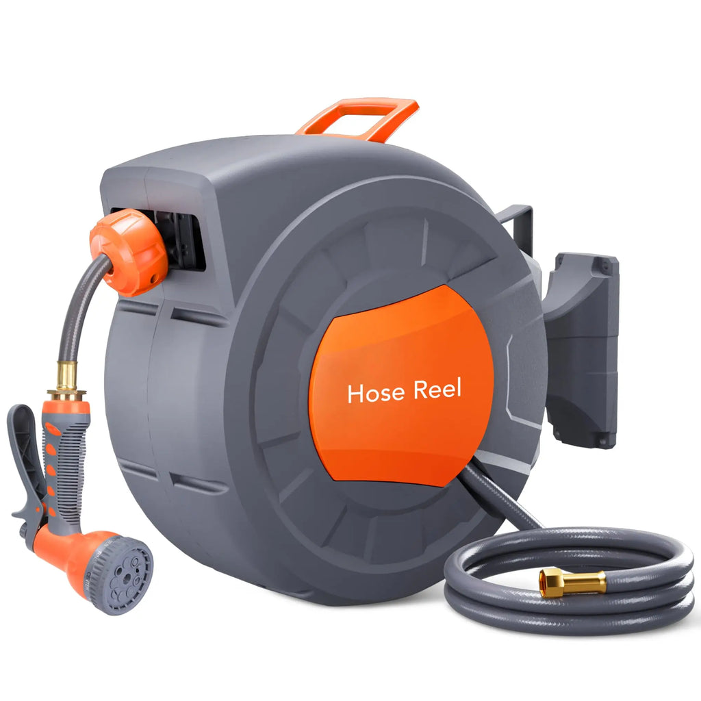 Wall Mounted Retractable Garden Hose Reel, 1/2 in X 72/100 ft, Auto Slow Rewind, 180° Swivel, 9-Function Nozzle, Any Length Lock