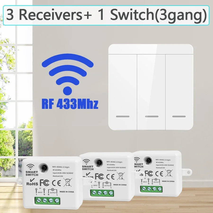 433MHz Wireless Smart Switch 1/2/3 Gang 86 Wall Panel Remote Control Light Switch 10A 110V 220V Home Bedroom Staircase LED Lamp