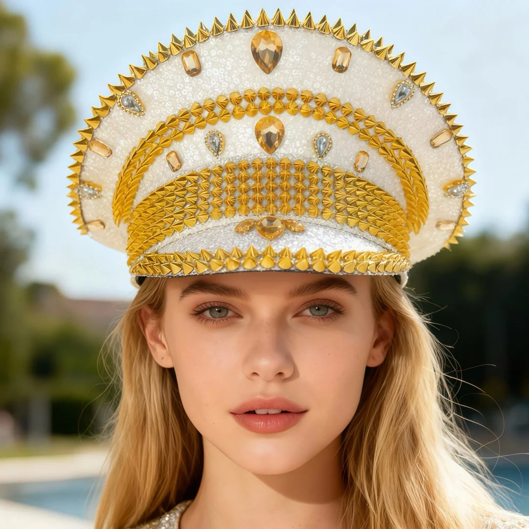 HongLuan Blue Steampunk Captain Hat Rhinestone for Burning Man Festival Woman, Vintage Military Accessories & Military Cap Man