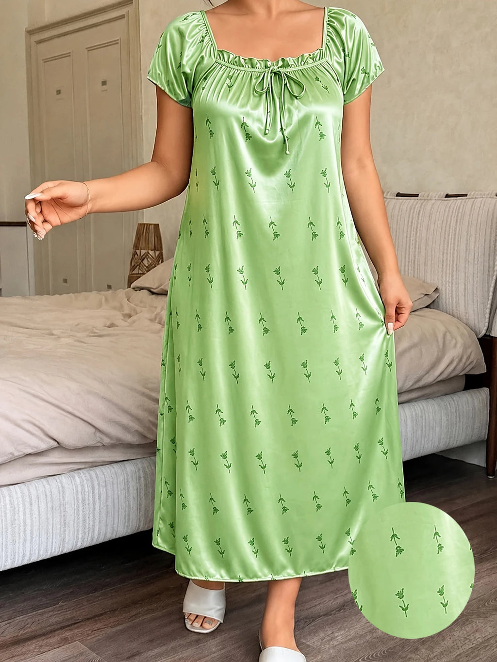 Plus Size Ice Silk Sleepwear Women Green Leaf Print Square Neck Short Sleeve Tie Front Ruched Midi Night Dress