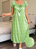 Plus Size Ice Silk Sleepwear Women Green Leaf Print Square Neck Short Sleeve Tie Front Ruched Midi Night Dress