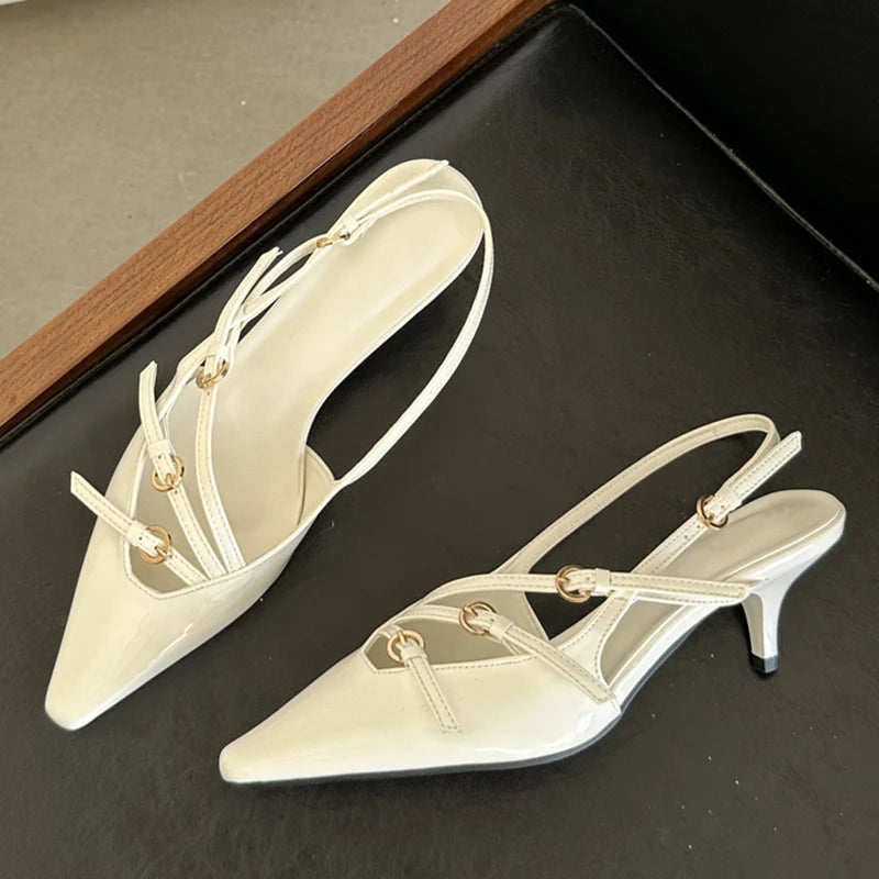 Aneikeh 2026 Designer Buckle Strap Narrow Band Pumps Women Sexy Pointed Toe Thin Heels Wedding Banquet Dress Mule Ladies Shoes
