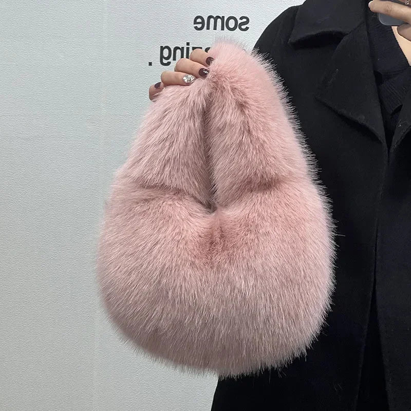 Winter Casual Furry Shoulder Bags for Women Solid Color Soft Plush Ladies Clutch Purse Handbags Lightweight Female Hobos Bag