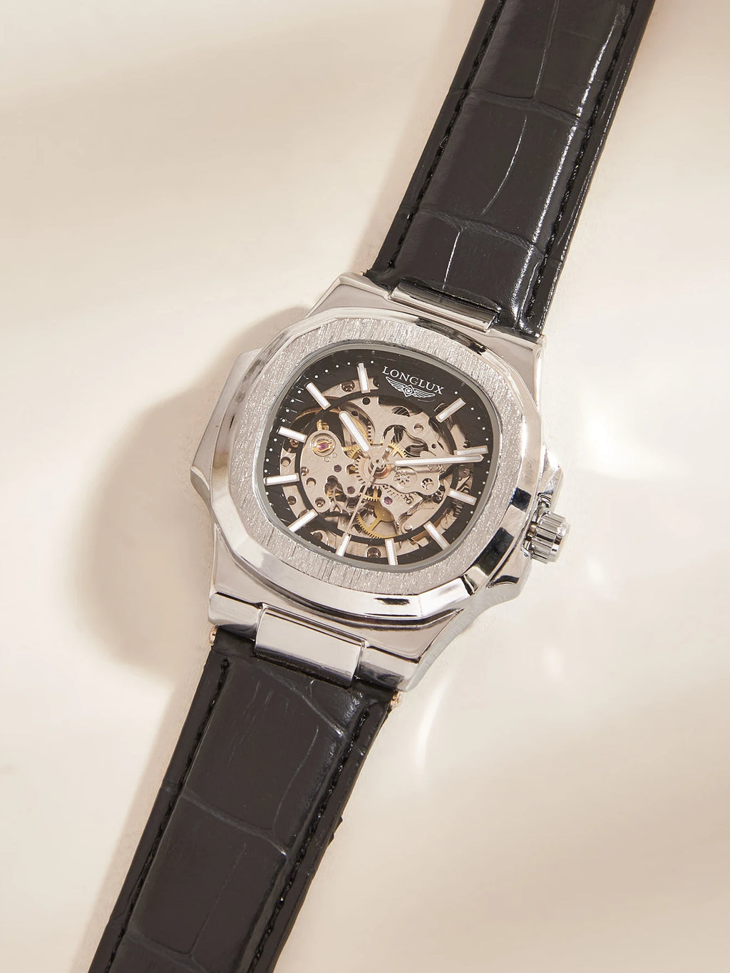 LONGLUX Automatic Mechanical Watch Outdoors Simple Luxury Watches Waterproof Cheap Wholesale Skeleton Leather Mens Watch Gift