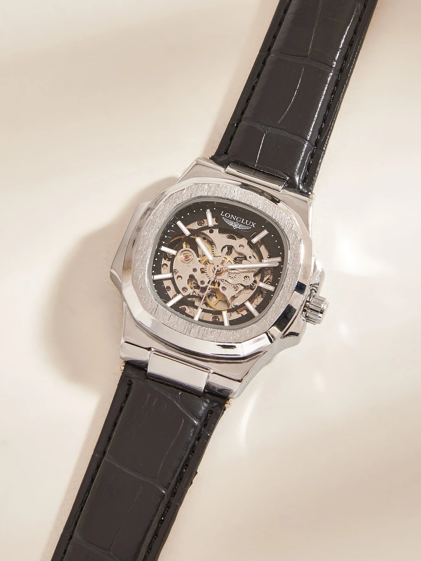 LONGLUX Automatic Mechanical Watch Outdoors Simple Luxury Watches Waterproof Cheap Wholesale Skeleton Leather Mens Watch Gift