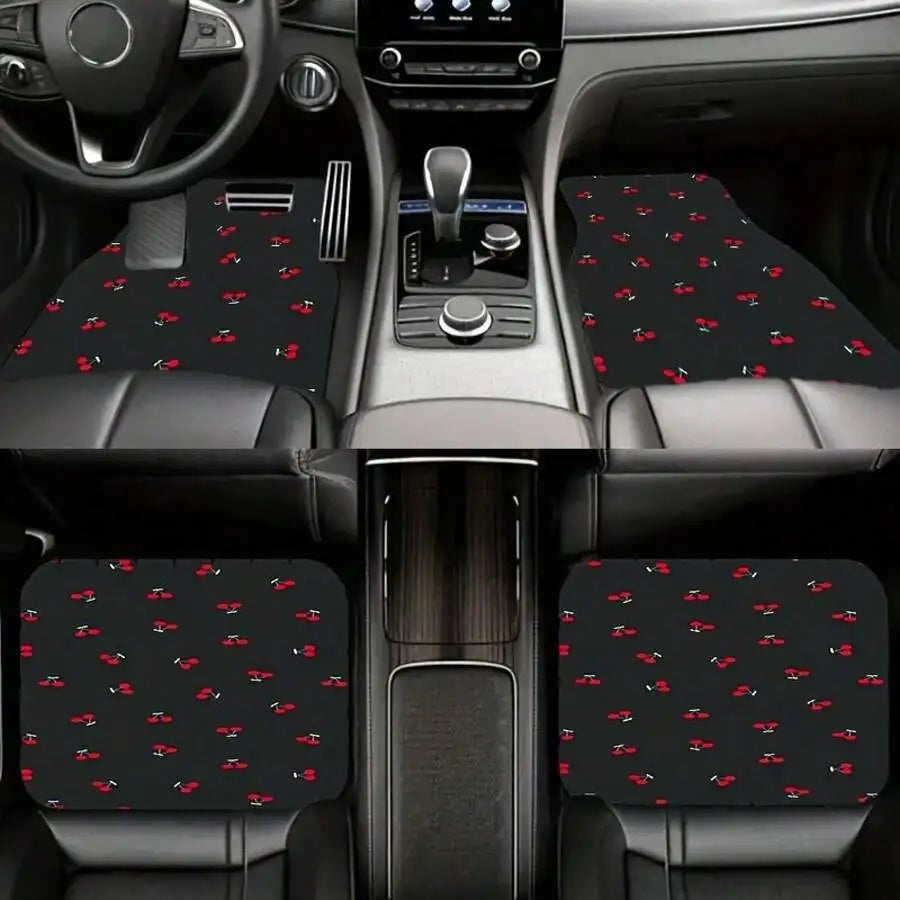 4-Piece Car Floor Mats Cherry Pattern Universal Fit Easy Clean Durable
