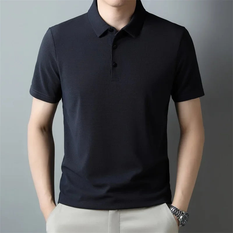 New Men's Casual Waffle Short Sleeve Polo Shirt Fashion Solid Color Top