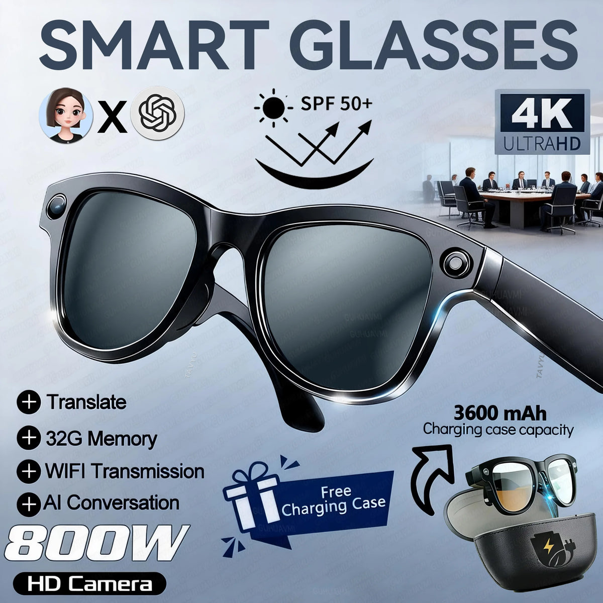 World Premiere 2026 Smart AI Glasses 4K HD 800W Pixel Camera Photos&Videos 3600mAh Battery 120+Translation 32GB Music Sunglasses