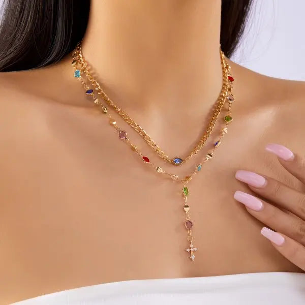 Trendy Gold Silver Color Glass Long Y-Shaped Necklace Metal Collarbone Chain Summer Holiday Party Bohemian Body Jewelry Gifts