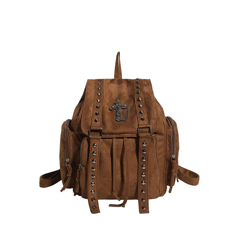 Gothic Punk Backpack Rivets Student School Bag Vintage Duffel Bag with Cross Stud Design Women Large Capacity Travel Bag